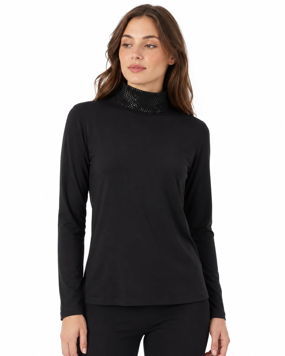 St. John Caviar Sz L Black Mock Neck Long Sleeve Top Crystal Mesh Lightweight